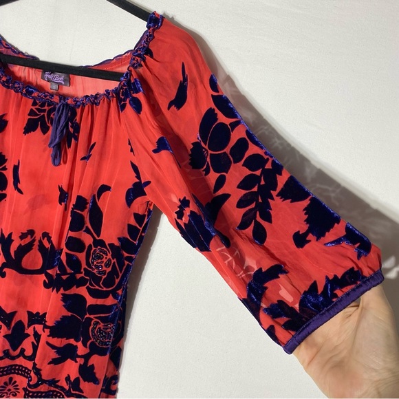 Vintage Hale Bob Semi Sheer Red and Navy Blue Beaded Velvet Silk Boho Blouse S - Picture 8 of 16